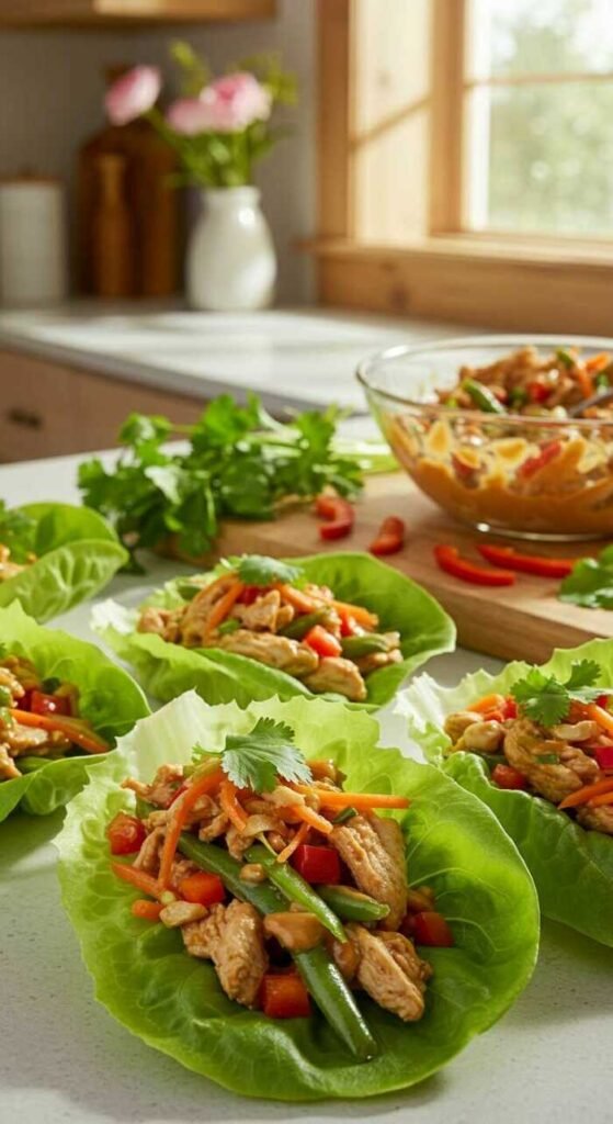 Thai Chicken Lettuce Wraps with chicken, beans, and fresh vegetables