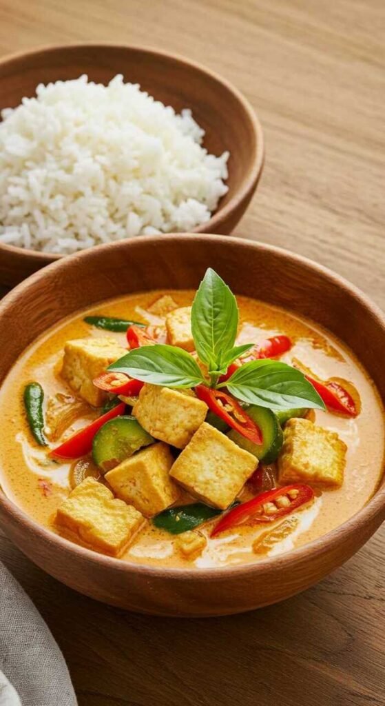 A wooden bowl of tofu curry garnished with basil leaves, red chilies, and green peppers, accompanied by a bowl of white rice, on a wooden table.