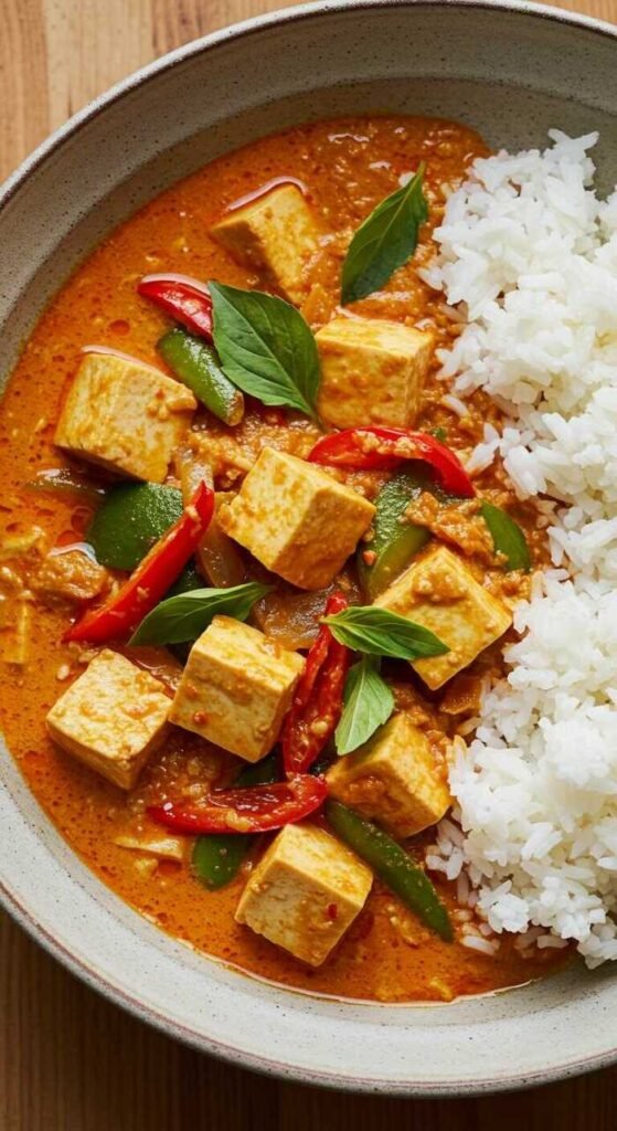 A bowl of tofu red curry with vibrant red and green peppers, topped with fresh basil leaves, is served alongside fluffy white rice. The dish looks appetizing and richly textured.