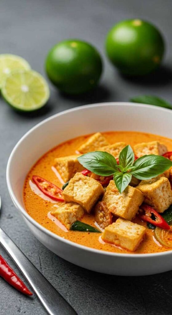 A vibrant bowl of red curry with tofu cubes is garnished with basil and sliced chili peppers. Fresh lime halves and whole limes are visible in the background.