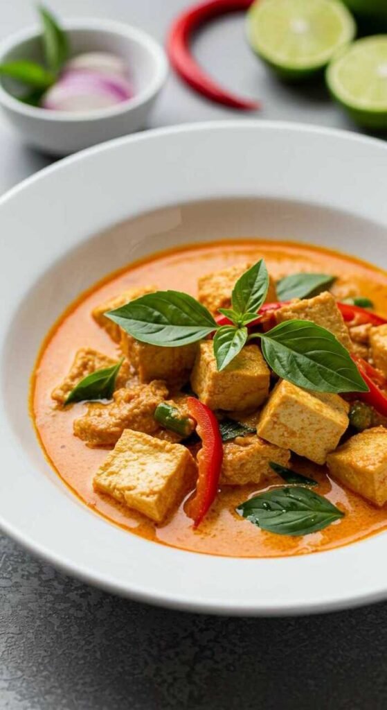 A vibrant Thai curry with tofu cubes, red peppers, and fresh basil in a creamy orange broth, served in a white bowl. Limes and chili in the background add color.