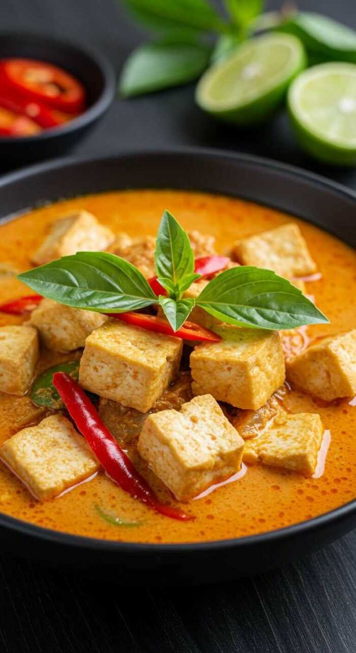 A black bowl with vibrant tofu and red curry garnished with fresh basil and red chili, exuding a rich, aromatic, and spicy flavor. Lime halves in the background.