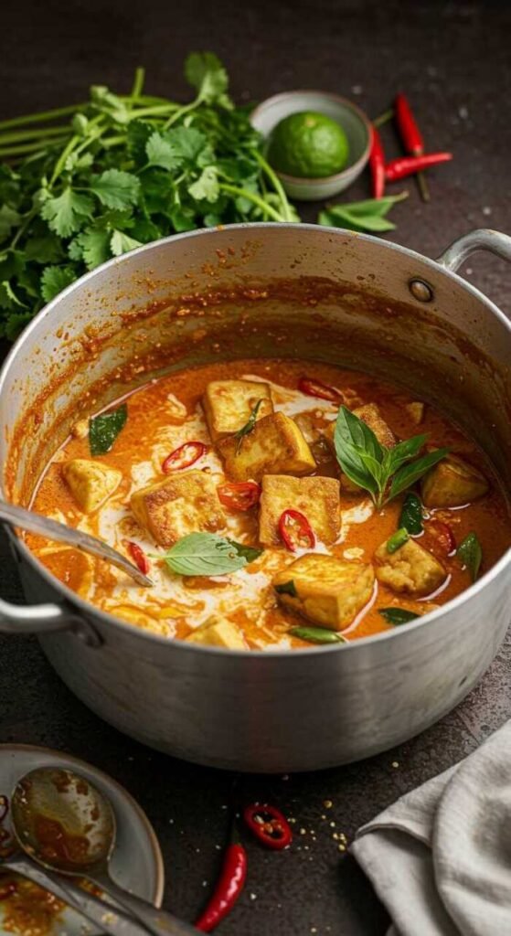 A pot of spicy red curry with tofu cubes, red chili slices, and fresh basil leaves. Fresh cilantro, lime, and chili peppers are nearby.