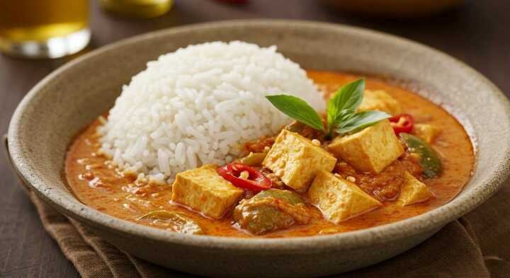 A bowl of Thai red curry with tofu cubes, garnished with basil and red chili slices, is served with a mound of white rice, creating a warm, inviting meal.