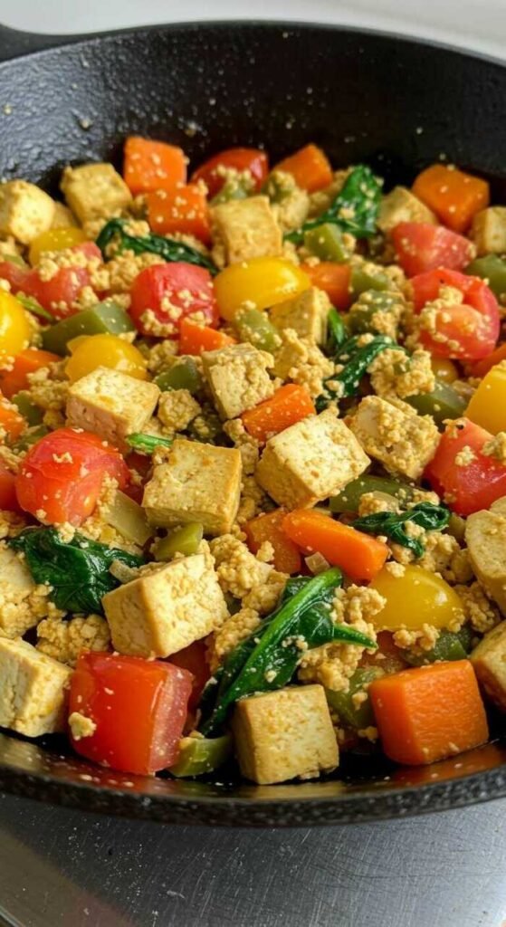 A colorful tofu scramble with vegetables in a skillet