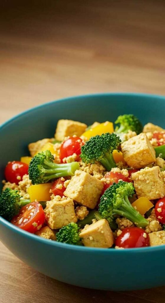 A colorful bowl of tofu scramble with assorted vegetables.