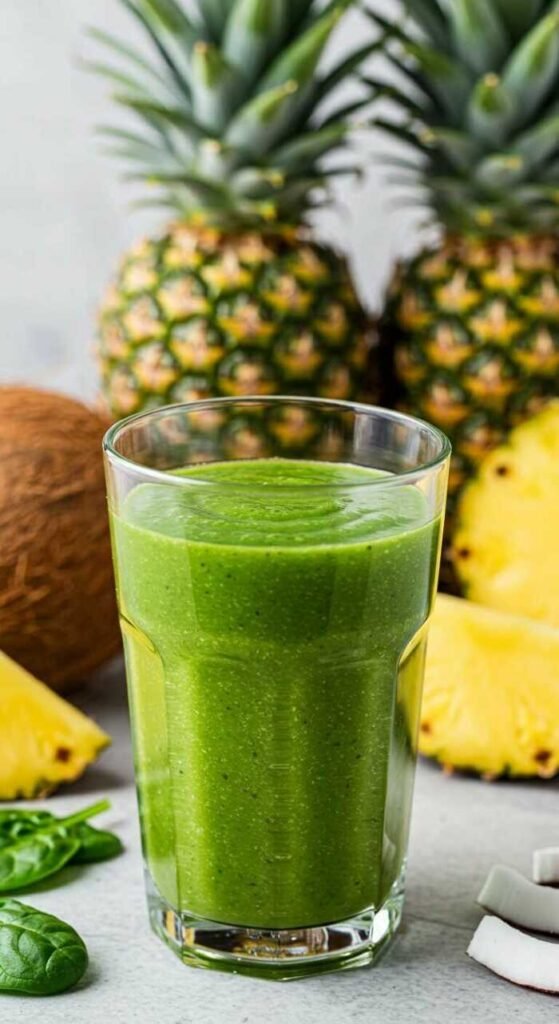 A glass of green smoothie with pineapples and coconuts in the background.