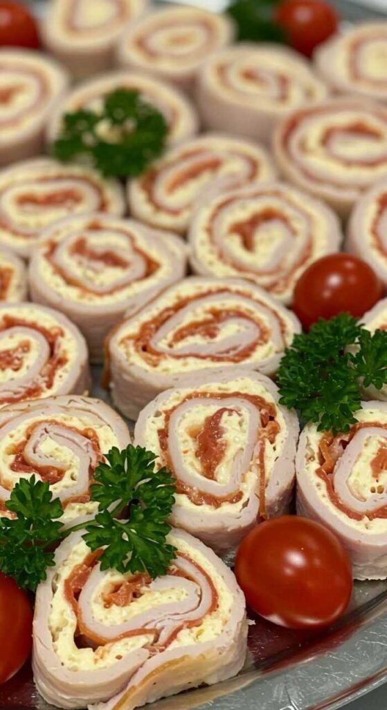 A platter of turkey and cheese roll-ups with cherry tomatoes and parsley