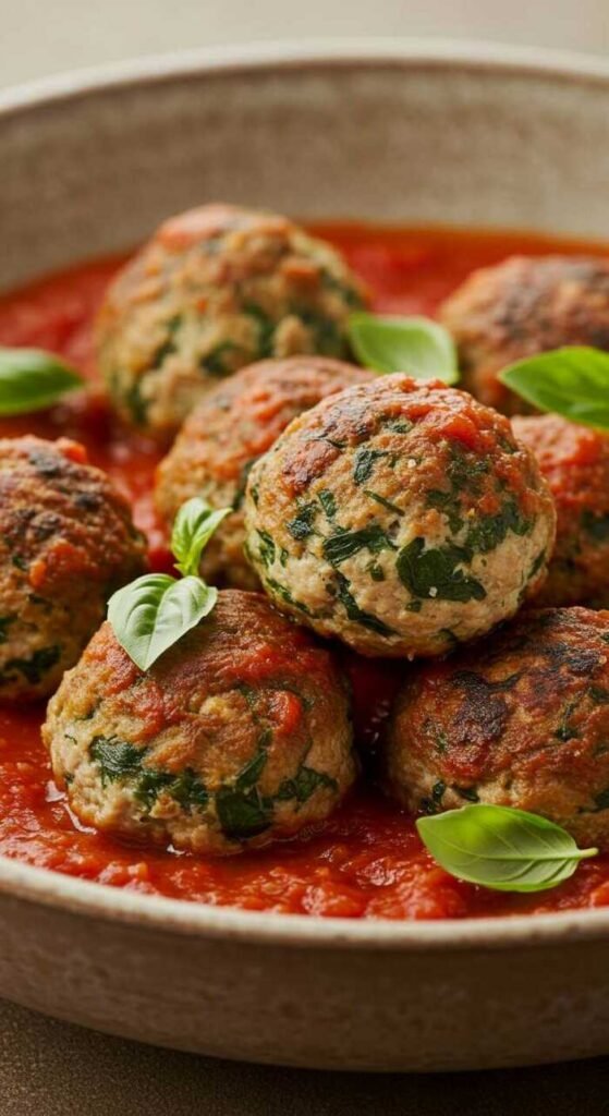 A bowl of turkey and spinach meatballs in marinara sauce, garnished with basil.