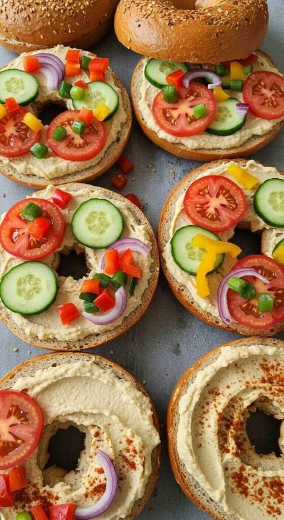 Vegan bagels topped with hummus and a variety of colorful vegetables.