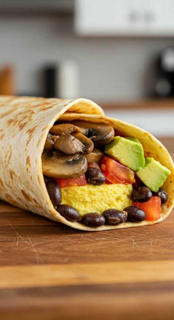 A delicious vegan breakfast burrito filled with beans, mushrooms, and tomatoes.