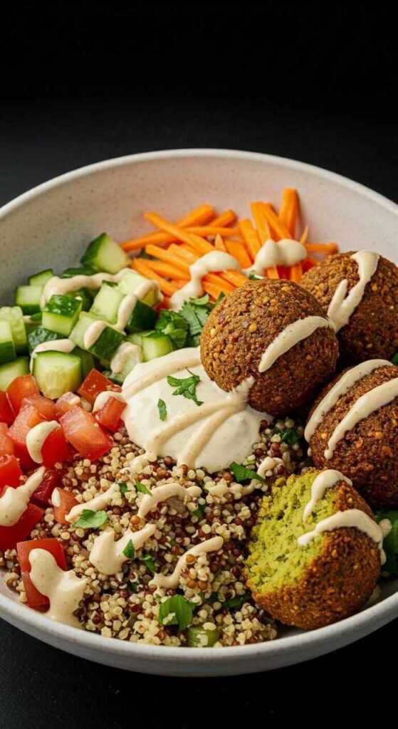 A delicious vegan falafel bowl topped with tahini sauce, fresh vegetables, and grains.