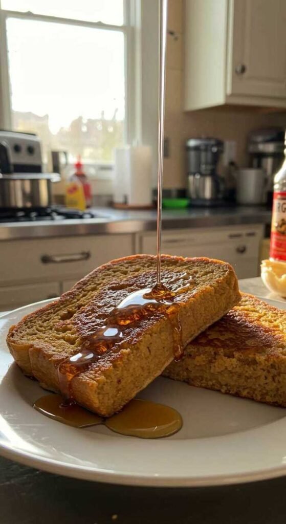 Delicious vegan French toast topped with maple syrup