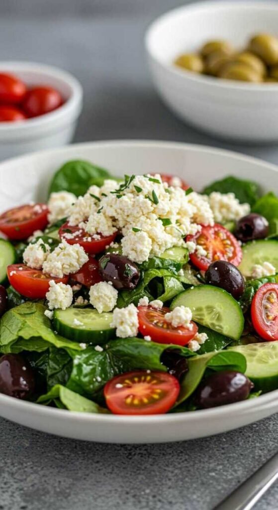 A colorful vegan Greek salad with mixed greens, cherry tomatoes, cucumber, olives, and crumbled tofu feta.