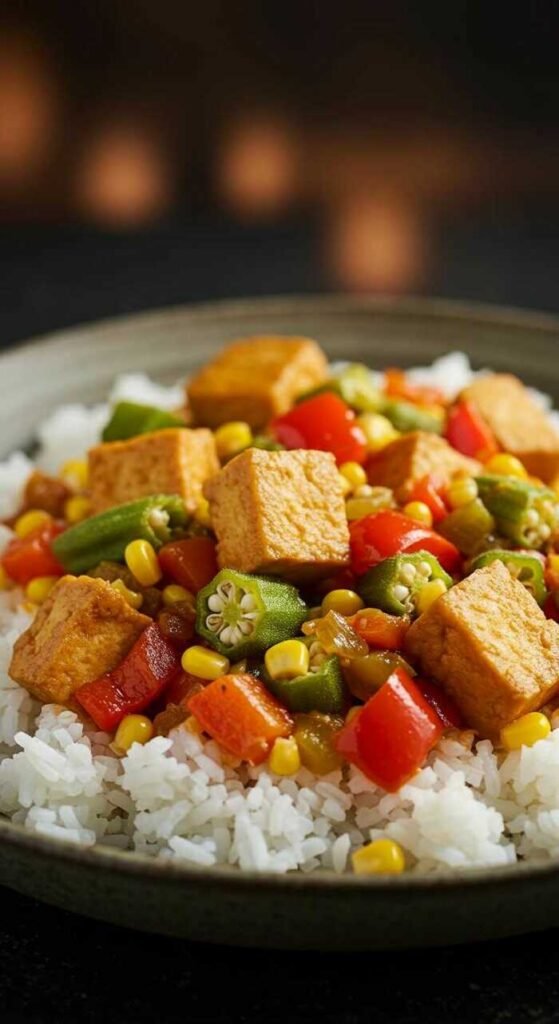 A delicious serving of vegan jambalaya with tofu, rice, and colorful vegetables.