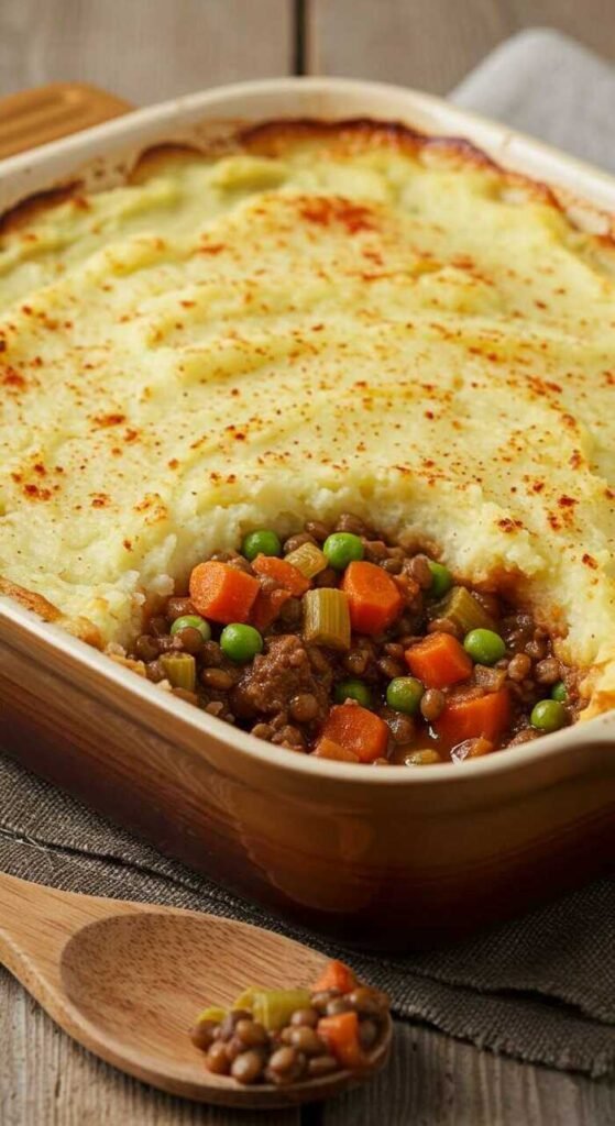 A delicious serving of vegan lentil shepherd's pie with mashed potatoes and vegetables.