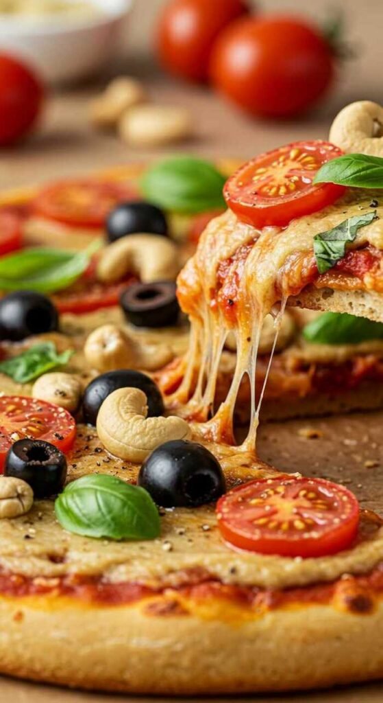 A delicious vegan pizza topped with cashew cheese, cherry tomatoes, olives, and fresh basil.