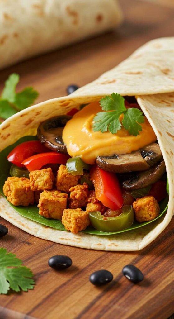 A delicious vegan breakfast burrito filled with beans, mushrooms, and tomatoes.