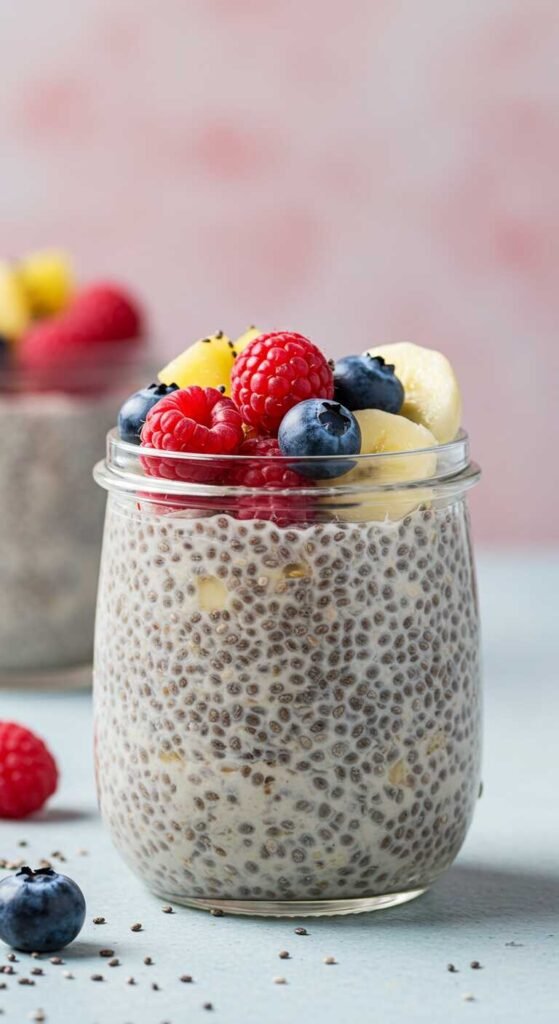 A glass of vegan overnight chia pudding layered with banana slices, mixed berries nuts