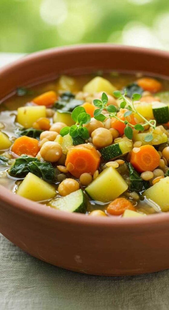 A bowl of colorful vegetable soup topped with fresh herbs.