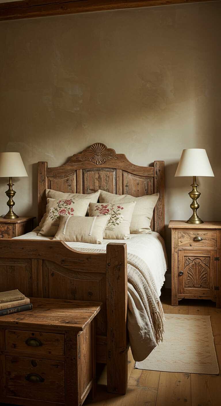 A rustic bedroom featuring a vintage wooden bed frame, bedside tables with lamps, and decorative pillows.