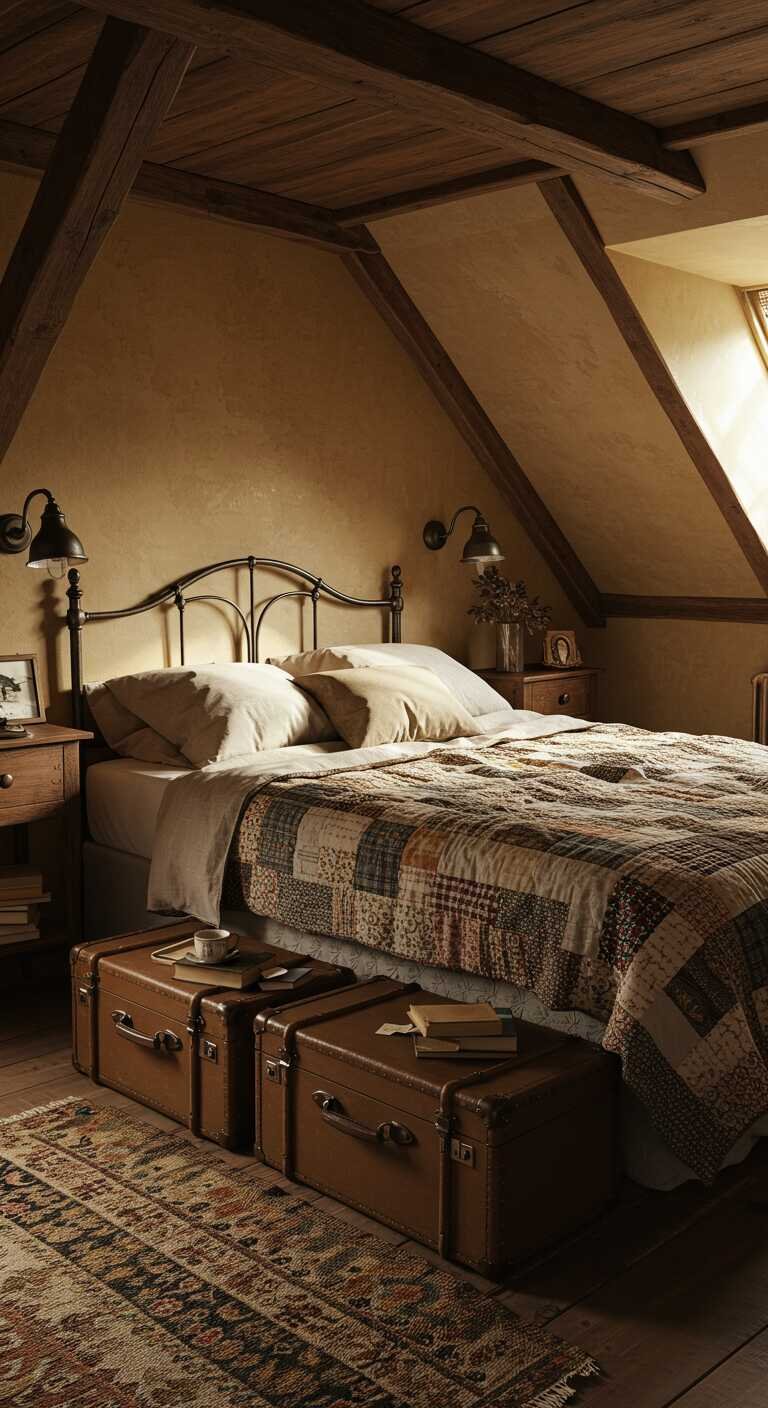 A rustic bedroom featuring vintage suitcase nightstands, a cozy bed, and warm color tones.