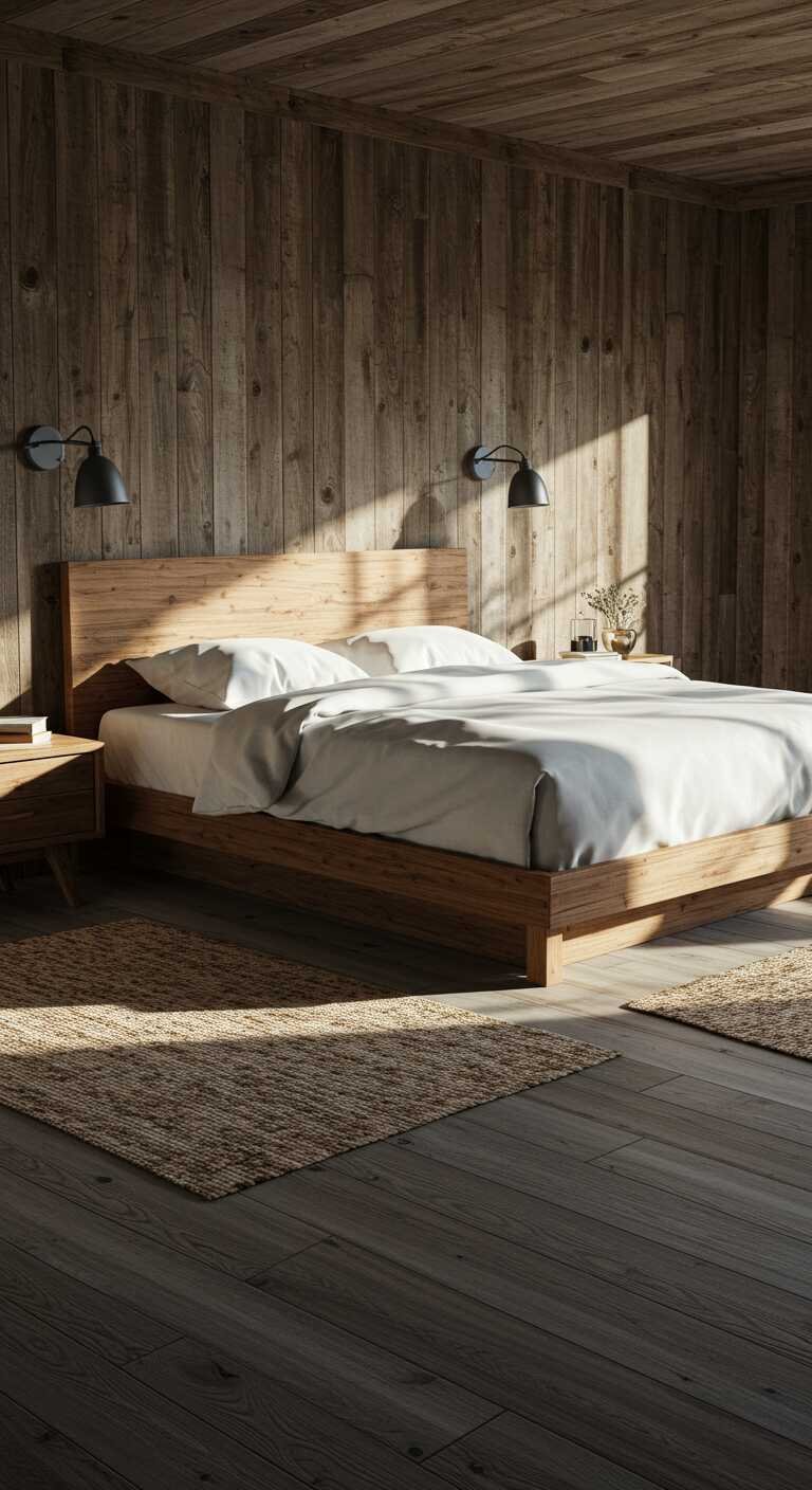 A rustic bedroom featuring warm wood tones, a cozy bed with white bedding, and wooden walls.