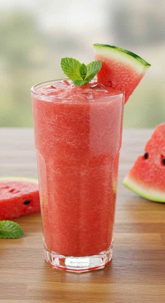 A tall glass of vibrant pink watermelon smoothie garnished with a fresh mint sprig and a slice of watermelon on a wooden table. Refreshing and summery.