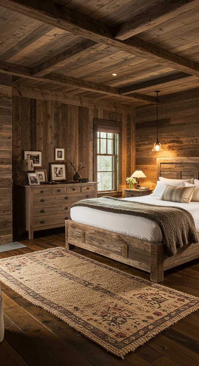 A rustic bedroom featuring weathered wood finishes and cozy decor.