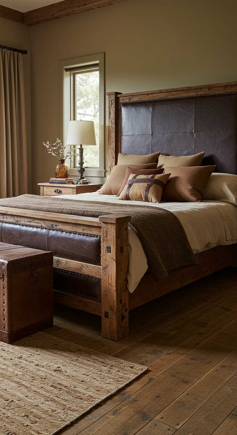 A rustic bedroom featuring worn leather accents with a wooden bed, leather pillows, and warm color tones.