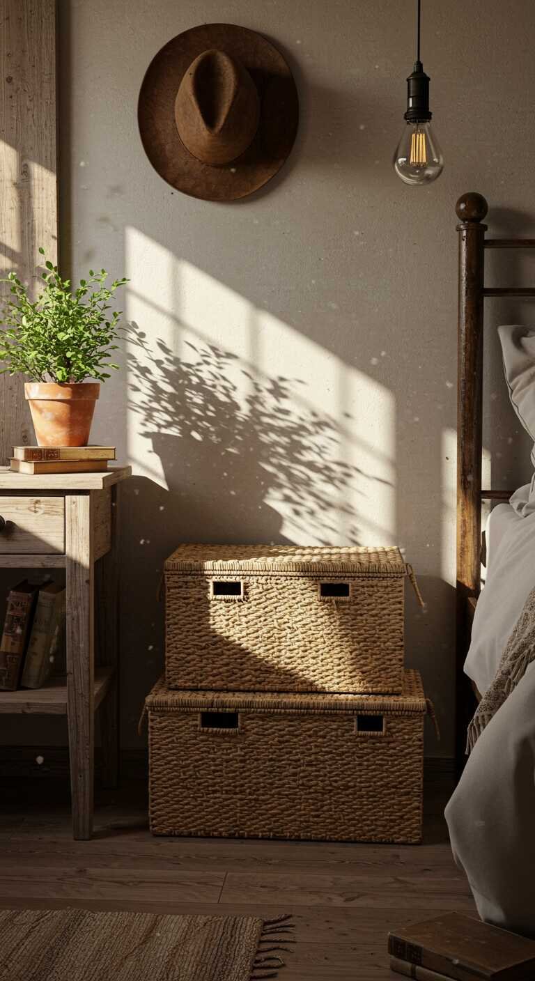 A rustic bedroom with woven baskets for storage, decorated with a plant and a hat on the wall.