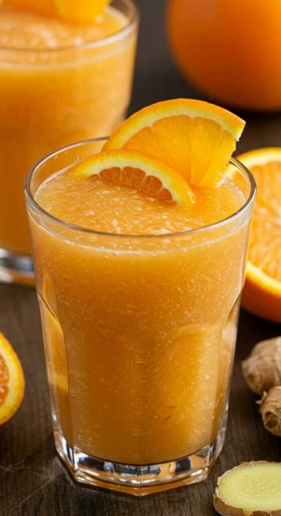 A refreshing glass of zesty citrus smoothie with orange slices and ginger.