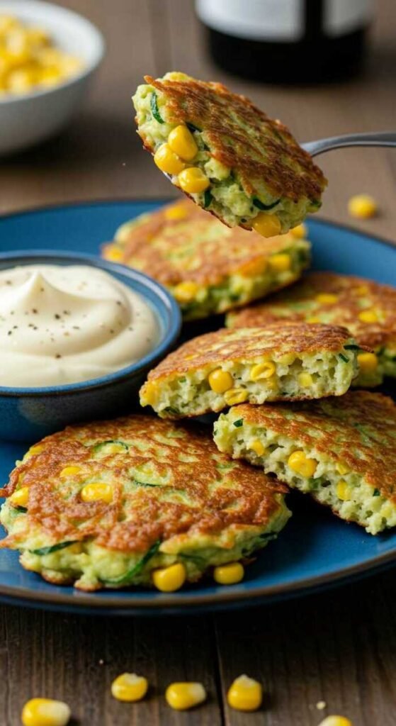 Delicious zucchini and corn fritters served with a creamy dip on a plate.