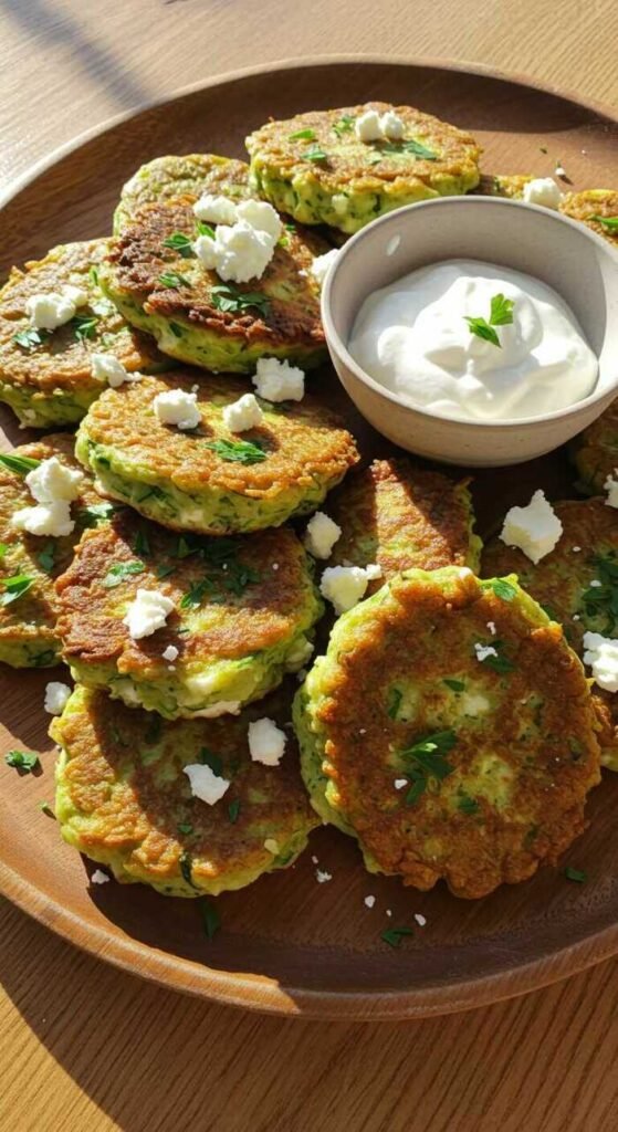 Delicious zucchini and feta fritters served on a wooden platter