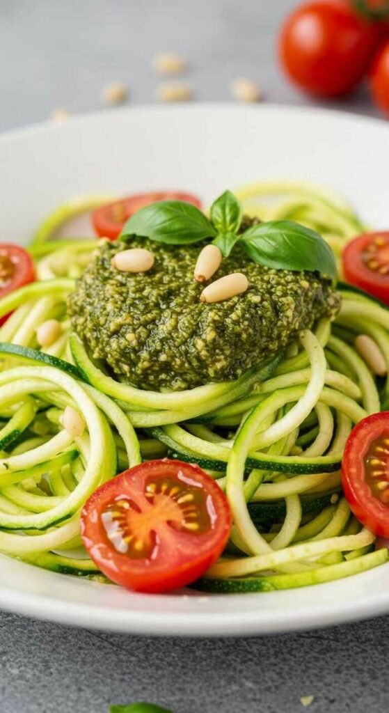 Zucchini noodles topped with pesto sauce and cherry tomatoes