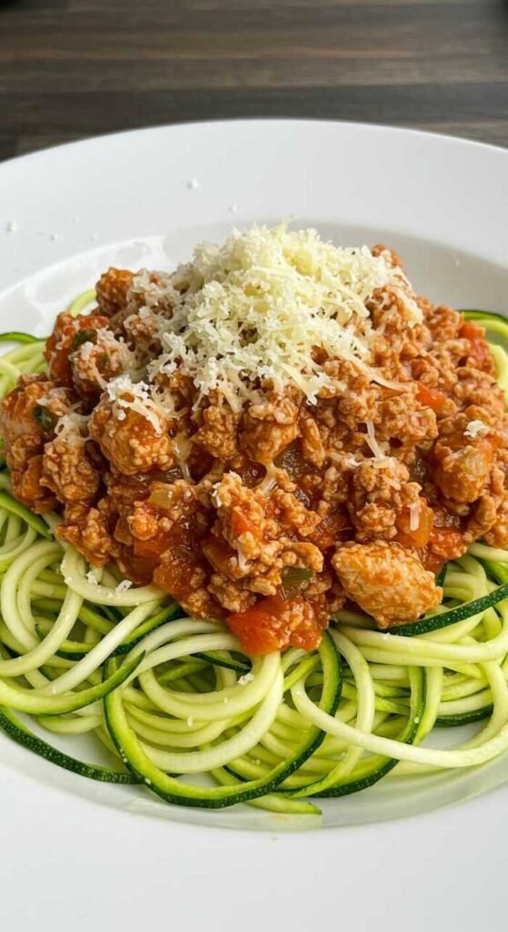 Zucchini noodles topped with turkey Bolognese sauce and garnished with cheese.