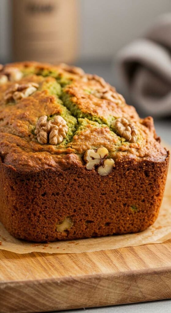 A freshly baked loaf of zucchini walnut bread sitting on a wooden board. The bread’s golden-brown crust looks moist and inviting.