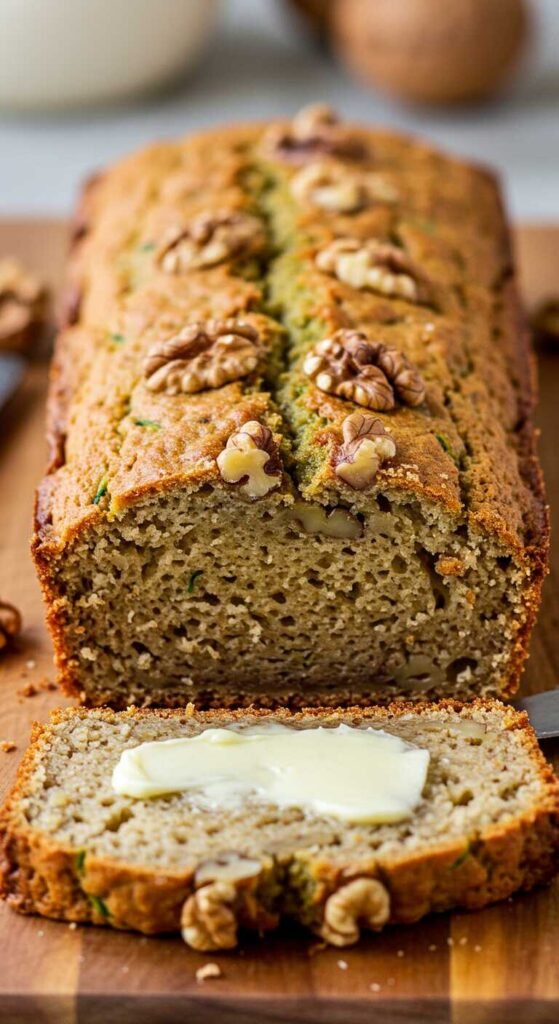 A loaf of zucchini walnut bread, partially sliced on a wooden board. A pat of butter melts on the slice, evoking a warm and inviting tone.