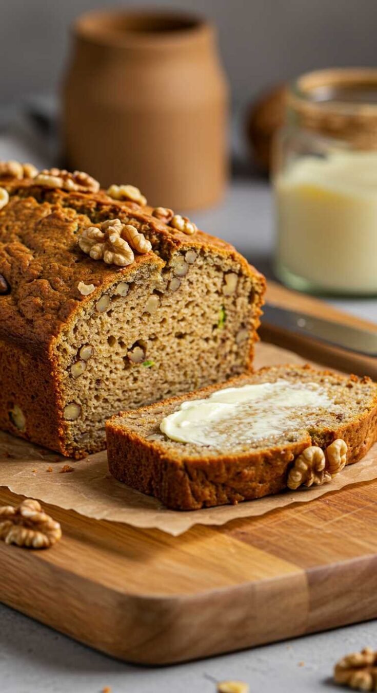 A loaf of zucchini walnut bread on a wooden board, topped with walnuts. A slice is cut and spread with butter. A jar of milk is in the blurred background.