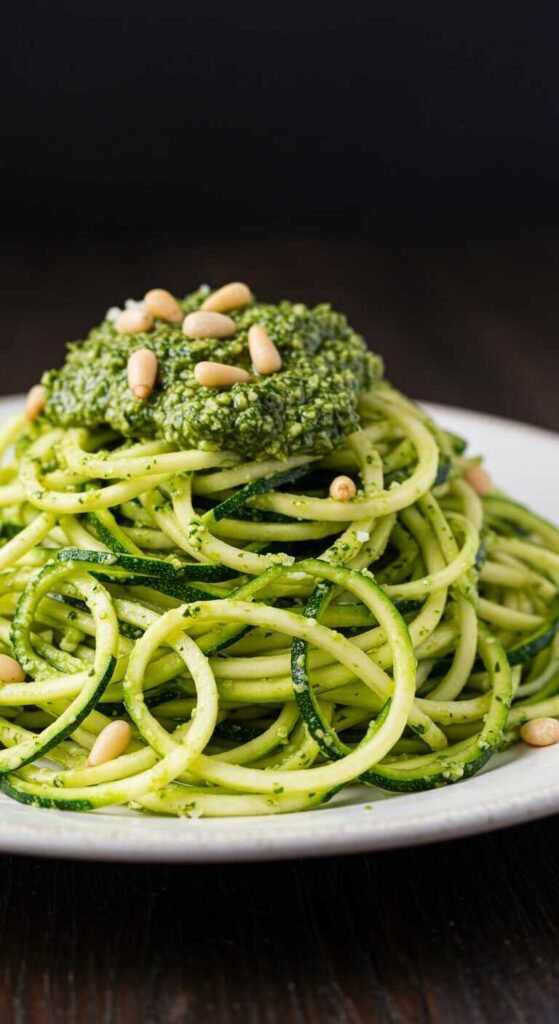 Zucchini noodles topped with pesto and pine nuts