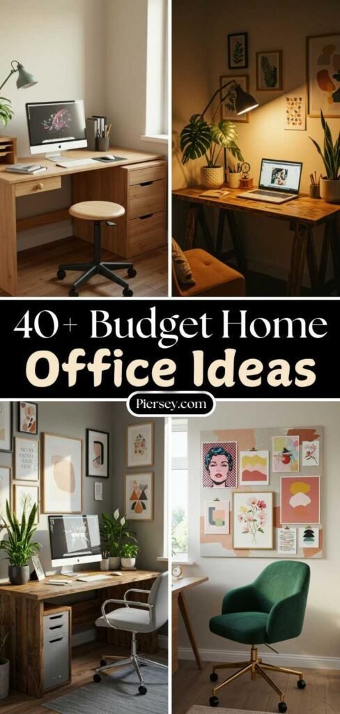 Four stylish budget home office setups featuring wooden desks, PCs, and vibrant wall art, with green plants adding a touch of nature. Text 40+ budget home office ideas