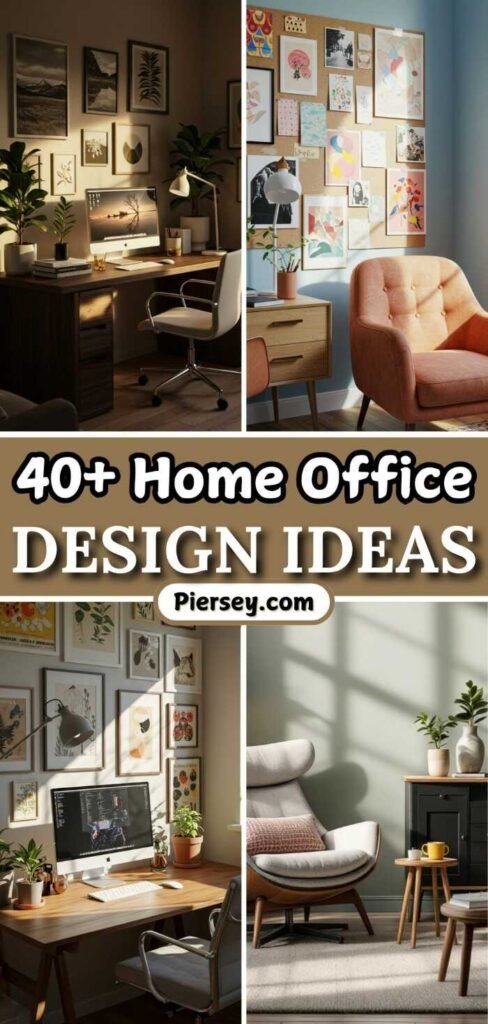 Collage of stylish home offices: warm lighting, art-filled walls, cozy seating, modern desks, greenery, organized decor; caption reads "40+ Home Office Design Ideas."