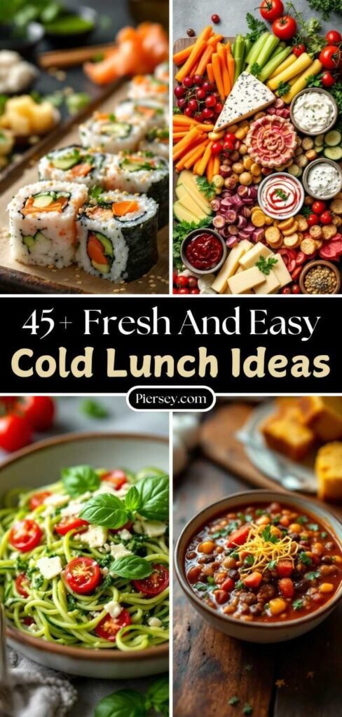 Collage of cold lunch ideas including sushi rolls, colorful veggie platter with cheese, zucchini pasta with tomatoes, and mixed bean chili. Refreshing and appetizing.