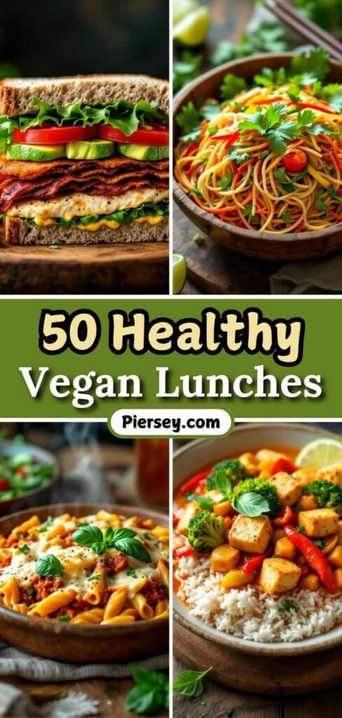 A collage of four colorful vegan dishes: a stacked sandwich, pasta, spaghetti, and rice with veggies. Text reads "50 Healthy Vegan Lunches."