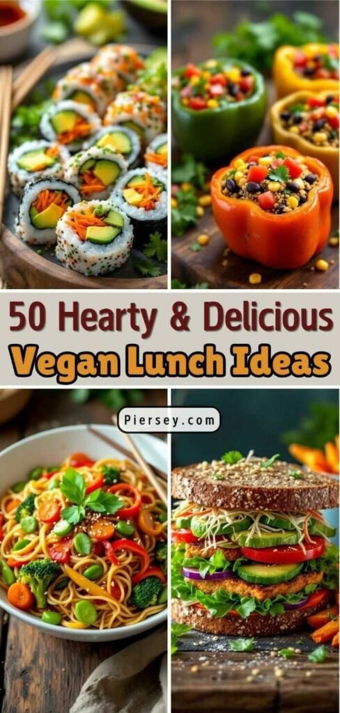 A colorful image collage showcasing vegan lunch ideas: sushi rolls, stuffed bell peppers, pasta, and a multigrain sandwich. Text reads "50 Hearty & Delicious Vegan Lunch Ideas."