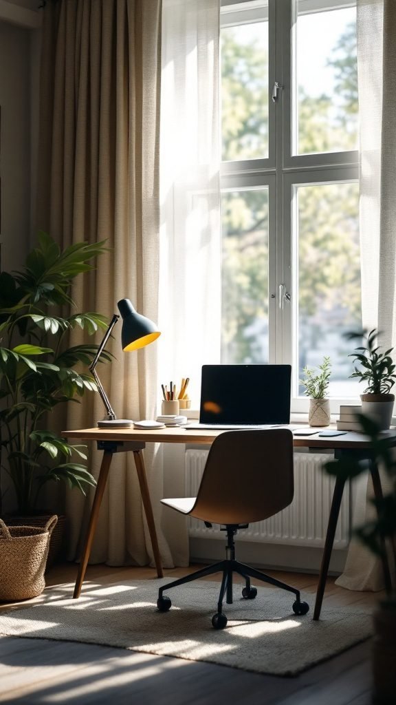 A cozy home office setup featuring a desk lamp, a computer, and plants by the window.