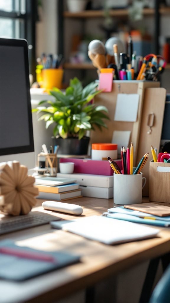 A cozy home office setup with various organizational tools on a desk.