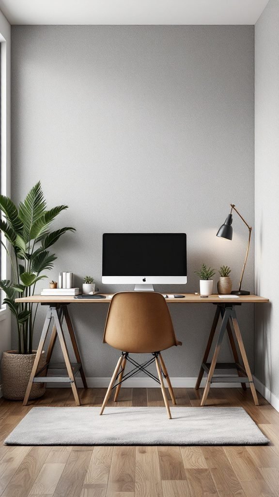A minimalist home office setup with a desk, ergonomic chair, and plants