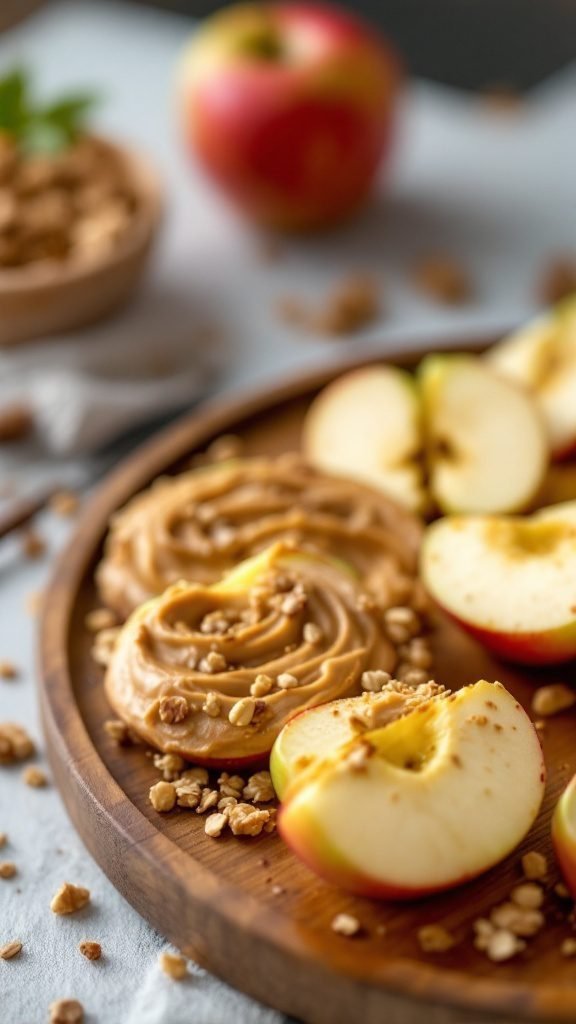 Plate of apple slices topped with almond butter and granola.