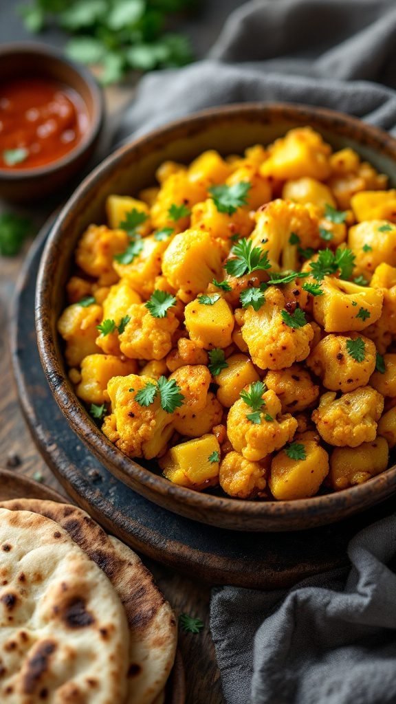 A bowl of Aloo Gobi with cilantro and a side of flatbread.